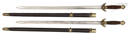 Two similar Chinese ceremonial temple swords (jian), 19th century, with leather and brass mounted