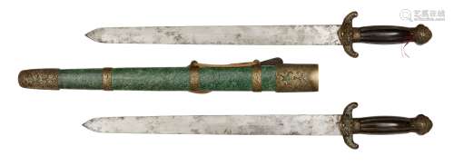 A Chinese double sword (shuang jian), 19th century, with shagreen and brass mounted sheath and