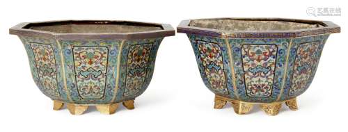 A pair of Chinese imperial cloisonné octagonal jardinières, Qianlong period, the flattened rim