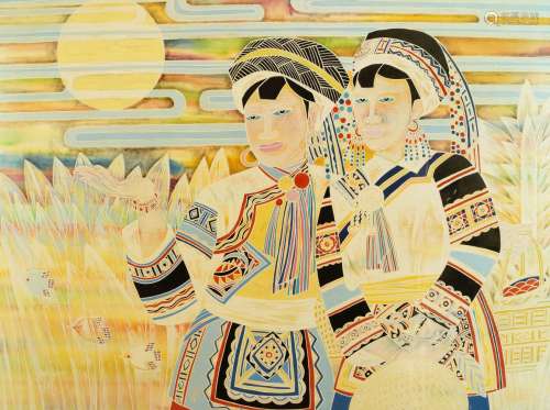 KE HEGEN (b.1953), gouache, coloured chalk, and mixed media on paper, study of two Tibetan women