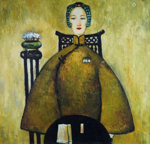 20th century Chinese school, oil on board, abstract study of a seated female, unsigned, 41cm x 44cm,