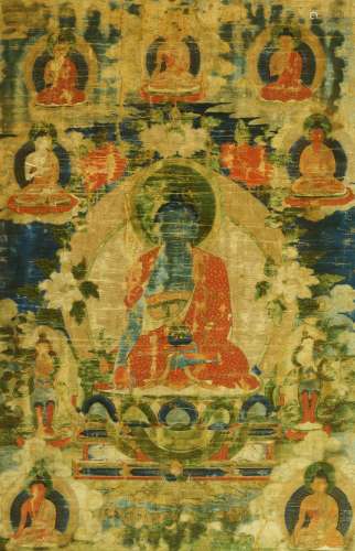 A Tibetan thangka depicting Shakyamuni Buddha, 18th/19th century, distemper on cloth, the central