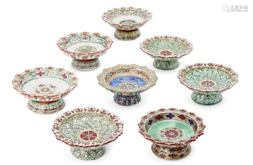 Eight Chinese porcelain Bencharong ware stem bowls for the Thai market, late 19th century, each