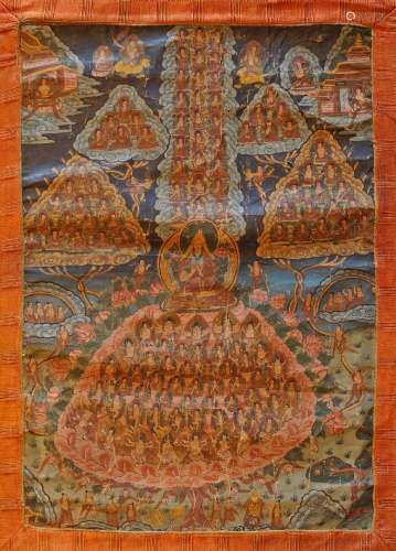 A Tibetan thangka of Tsongkhapa and the Gelugpa Refuge Tree, late 19th century, distemper on