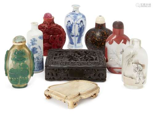Seven Chinese snuff bottles, 18th-early 20th century, to include two porcelain blue and white