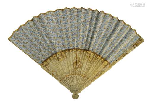 A Chinese Canton ivory and paper fan, 19th century, carved, pierced and parcel-gilt painted with
