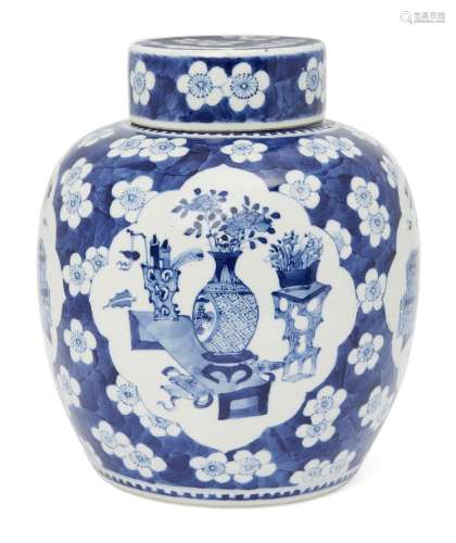 A Chinese porcelain ginger jar and cover, late 19th century, painted in underglaze blue with