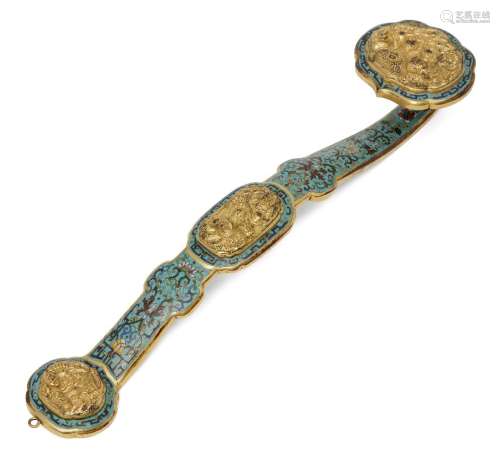 A Chinese gilt metal and cloisonné ruyi sceptre, Qianlong mark but late 20th century, set with three