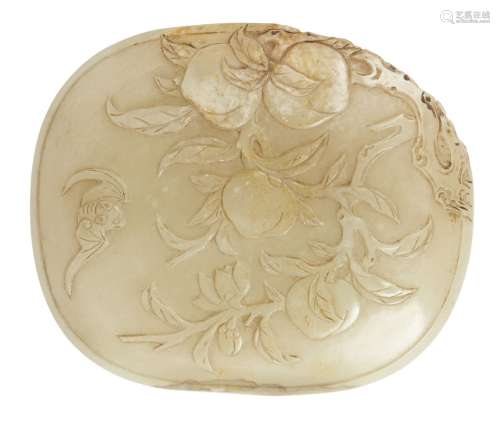 A Chinese celadon jade oval plaque, 17th/18th century, carved in low relief with a bat and a