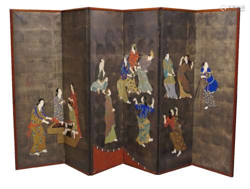 A Japanese painted five-fold screen, early 20th century, painted with figures taking part in a