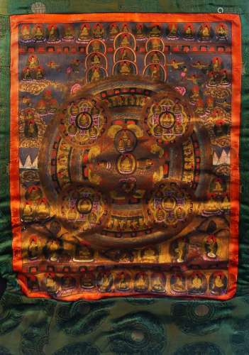 A Tibetan thangka mandala, 20th century, distemper on cloth, centered with Shakyamuni and four