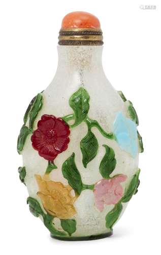 A Chinese Peking glass five-colour cameo snuff bottle, late 19th century, carved with meandering