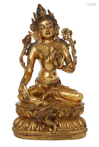 A Sino-Tibetan gilt-bronze seated figure of Avalokiteshvara, Kangxi period, seated in lalitasana