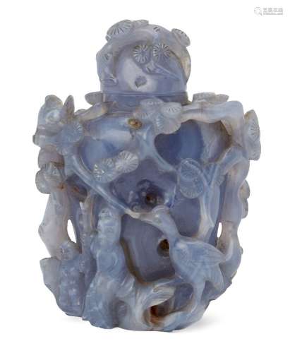 A Chinese banded blue agate snuff bottle, late 19th century, carved with a scholar, attendant, and a