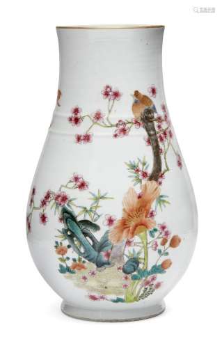 A Chinese porcelain vase, hu, Jiaqing seal mark, Republic period, painted in famille rose enamels