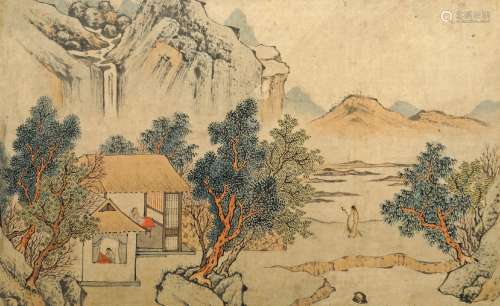19th century Chinese school, watercolour on paper, set of four, figures in ornamental gardens and