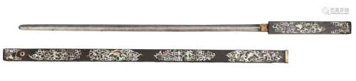 A Chinese 'scholar's' sword, mid-19th century, with hardwood and mother of pearl inlaid grip and