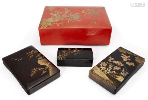 Four Japanese lacquer boxes, 20th century, comprising one large red lacquer box with gilt floral