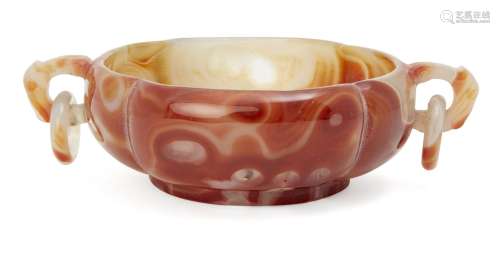 A Chinese carnelian agate twin handled censer, early 20th century, of quatrilobe form, with two