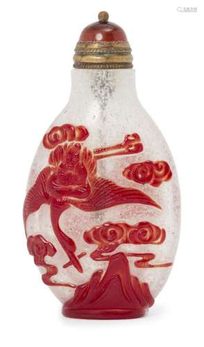 A Chinese cameo glass snuff bottle, 19th century, carved in red over clear glass with two figures