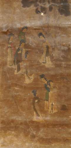 ANONYMOUS, 17th century Chinese School, ink and colour on silk, hanging scroll, study of seven