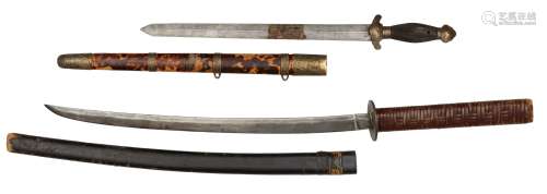 A Chinese sword (jian), 19th century, with tortoise shell and brass mounted sheath, 61cm long, and a