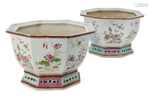 A pair of Chinese export porcelain octagonal jardinières, Qianlong period, painted in famille rose