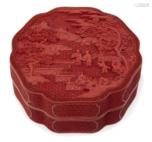 A large Chinese cinnabar lacquer lobed box, 18th century, finely carved to the cover with an
