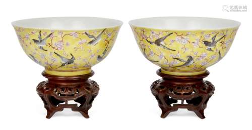A pair of Chinese porcelain 'magpies and plum blossom' bowls, Jiaqing mark but Tongzhi period,
