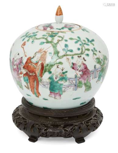A Chinese porcelain jar and cover, late 19th century, painted in famille rose enamels with boys