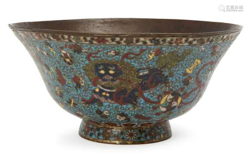 A Chinese cloisonné bowl, Ming dynasty, decorated to the exterior with four Buddhist lions amid