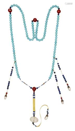 A Chinese Mandarin court necklace, c.1900, composed of 108 turquoise beads, with lapis and quartz