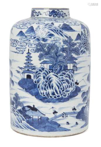 A large Chinese porcelain canister, early 19th century, painted in underglaze blue with a continuous