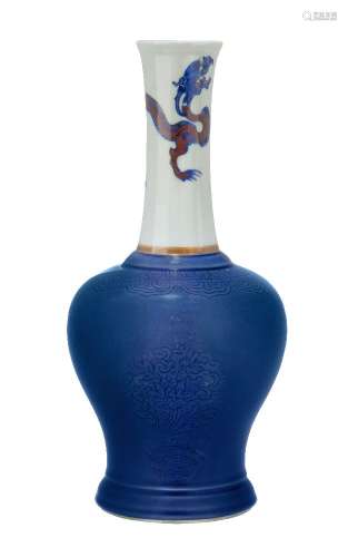 A rare Chinese porcelain bottle vase, Kangxi period, the slender, narrow neck painted in