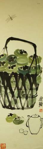 AFTER QI BAISHI, ink and colour on paper, hanging scroll, insects amid a basket of fruit, 120cm x
