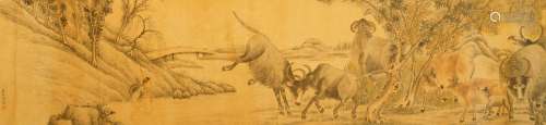 STYLE OF WU YOURU, ink and colour on paper, handscroll, farmers leading a herd of buffalo through