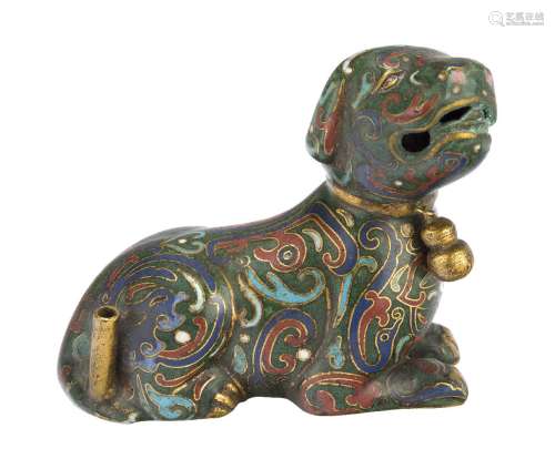 A Chinese gilt metal and cloisonné incense holder, early 20th century, modelled as a recumbent dog