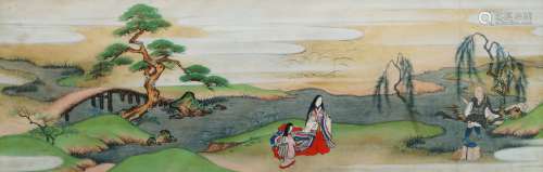 19TH CENTURY JAPANESE SCHOOL, watercolour on paper, figures in an ornamental garden landscape,