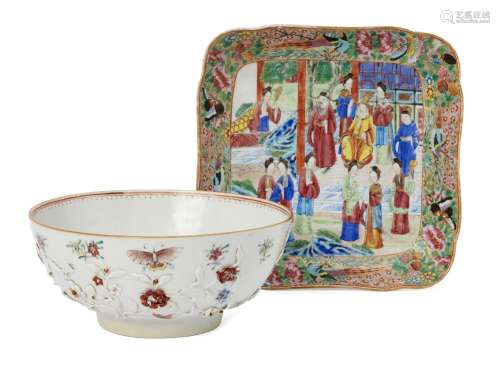 A Chinese export porcelain bowl and a Canton porcelain square dish, 18th - 19th century, the bowl