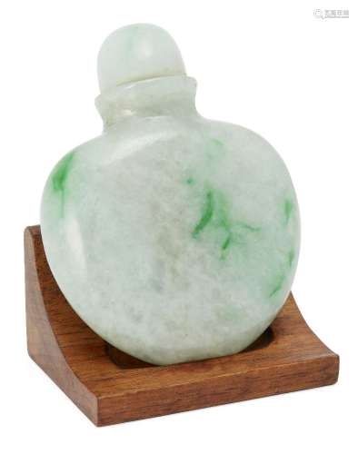A Chinese pale green jadeite snuff bottle and stopper, late Qing dynasty, of flattened ovoid form,