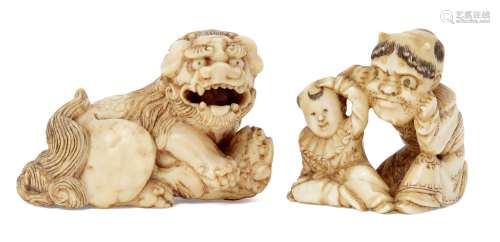Two Japanese ivory netsuke, 19th century, one carved as a Buddhist lion with pup, 5.5cm long, the
