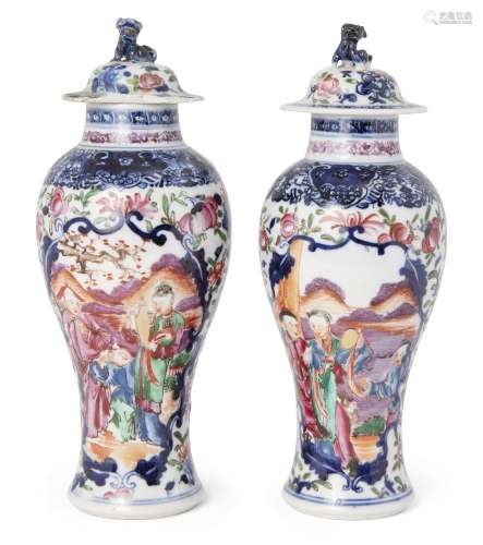 A pair of Chinese export porcelain baluster vases and covers, late 18th century, painted in
