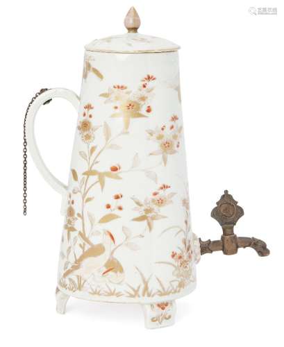 A Japanese porcelain coffee urn, 18th century, painted in gilt and iron red with birds amid