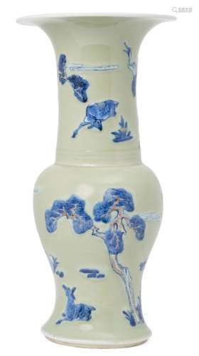 A Chinese porcelain celadon yen yen vase, Kangxi period, painted in underglaze blue and copper red