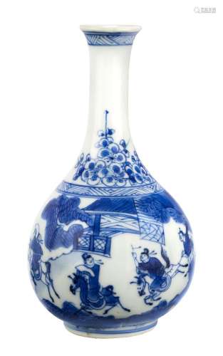A rare Chinese porcelain bottle vase, Kangxi period, painted in underglaze blue with a 'love