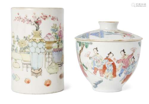 A Chinese porcelain famille rose bowl and cover, Daoguang mark and of the period, painted with