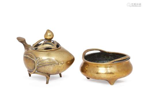 Two Chinese polished bronze censers, 19th century, one formed as a peach, 13cm long, the other of