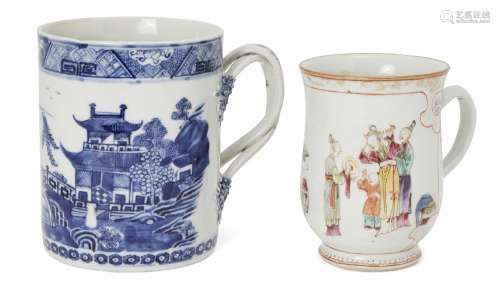 Two Chinese export porcelain mugs, 18th century, one of bell-form painted in famille rose enamels