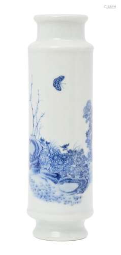 A Chinese porcelain cylindrical vase, Republic period, painted in underglaze blue with a butterfly