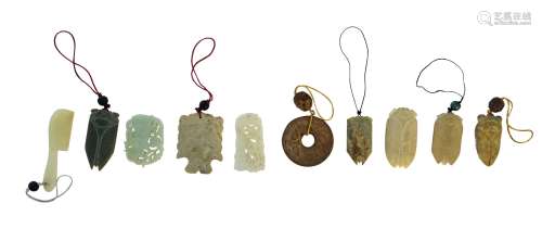 Ten various Chinese hardstone carvings, 20th century, to include cicada pendants and a bi disc (10)